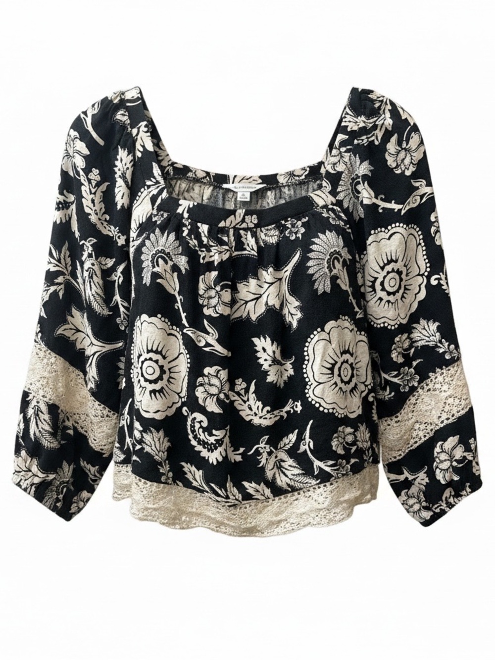 Black Floral Lace-Trim Peasant Blouse